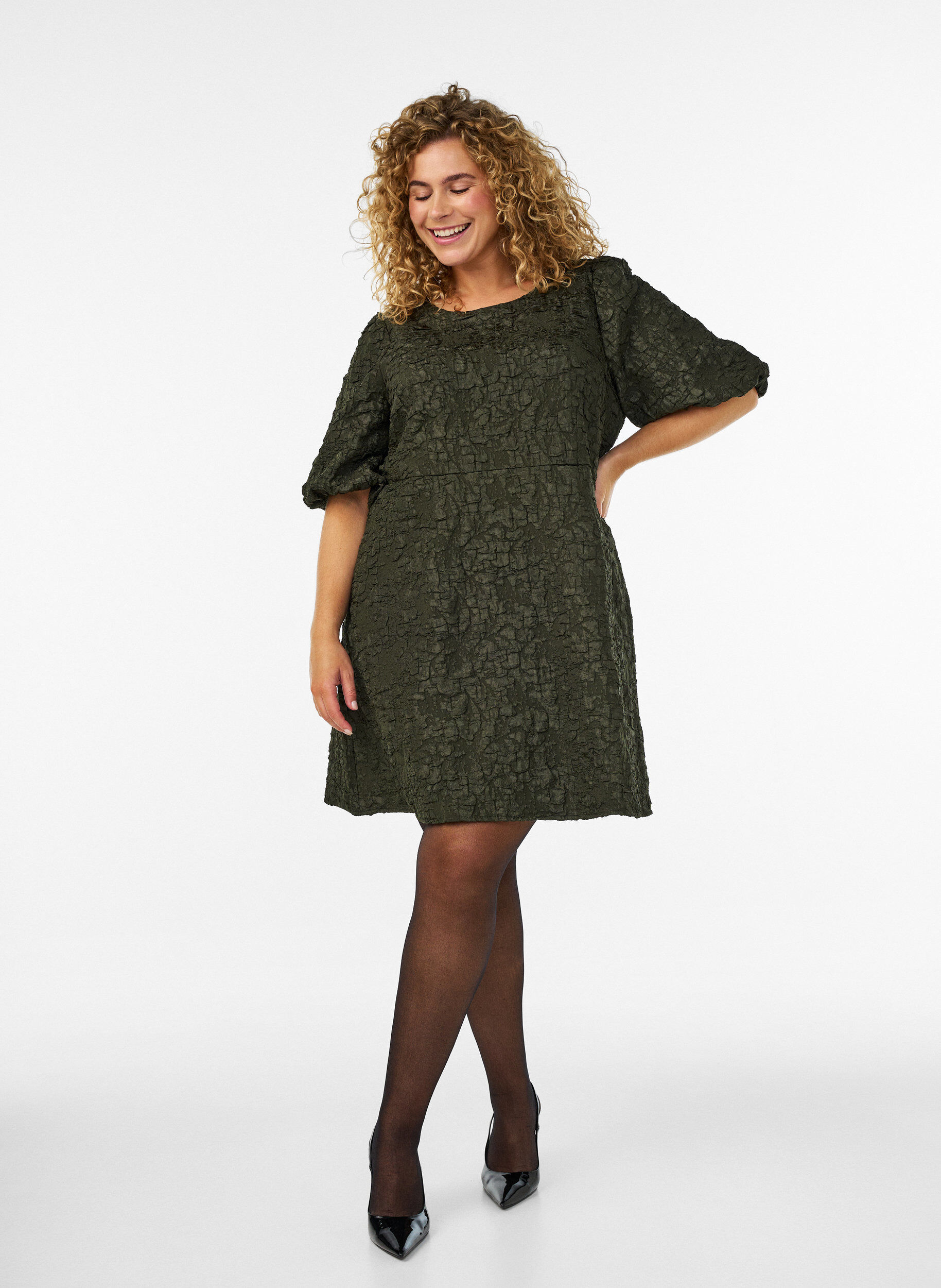 ZizzifashionJacquard dress with puff sleeves and A-line, Green, Model image number 1