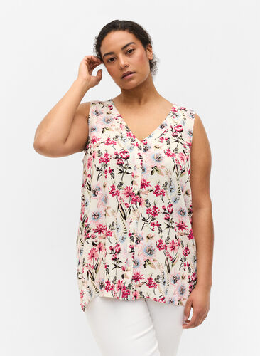 Floral viscose top with buttons, Bright White AOP, Model image number 0