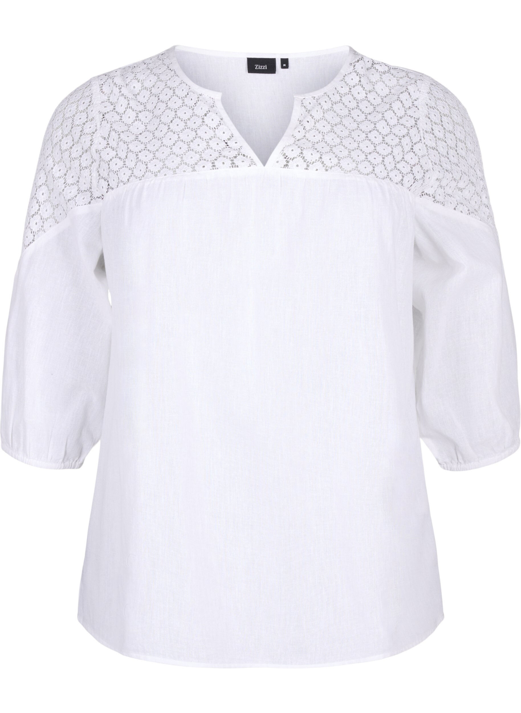 Zizzifashion Blouse in a cotton mix with linen and crochet detail, Bright White, Packshot image number 0