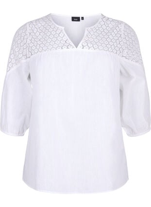 Blouse in a cotton mix with linen and crochet detail, Bright White, Packshot image number 0