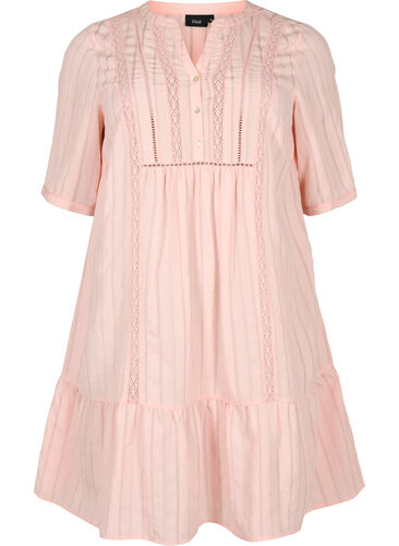 Striped viscose dress with lace ribbons, Strawberry Cream, Packshot image number 0