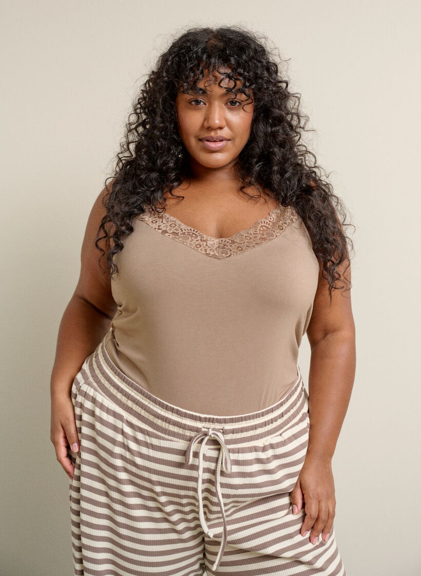 Viscose top with lace edge, Beige, Image image number 0