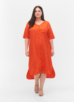 Short-sleeved viscose shirt dress, Mandarin Red, Model image number 2