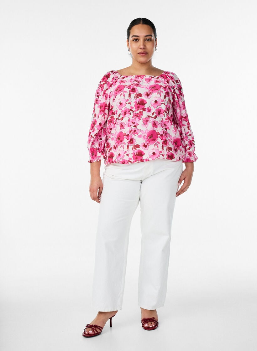 Viscose blouse with a square neck and 3/4-sleeves, Pink, Model image number 1