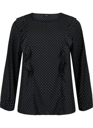 Long sleeved blouse with ruffles, Black Dot, Packshot image number 0