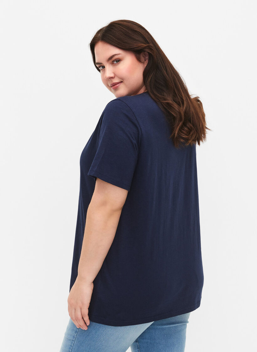 Short-sleeved basic t-shirt with v-neck, Blue, Model image number 2