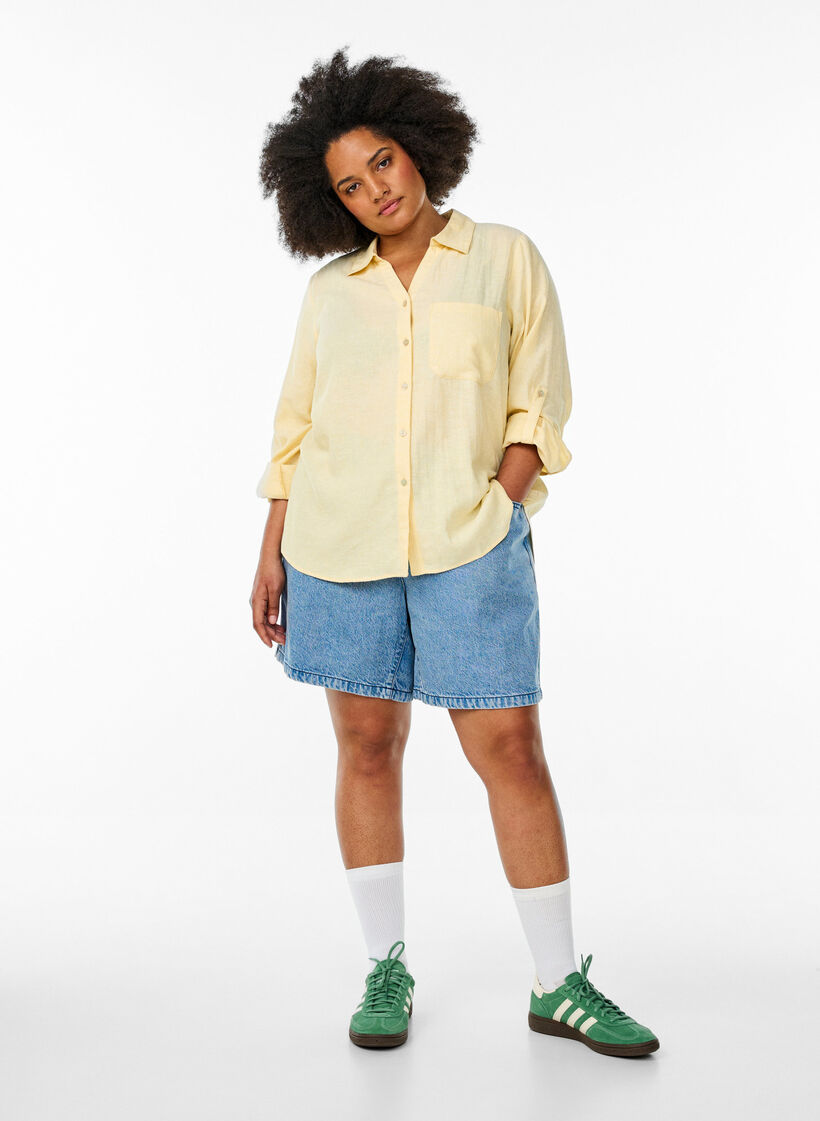 Shirt in linen and viscose with 3/4 sleeves, Yellow, Model image number 1