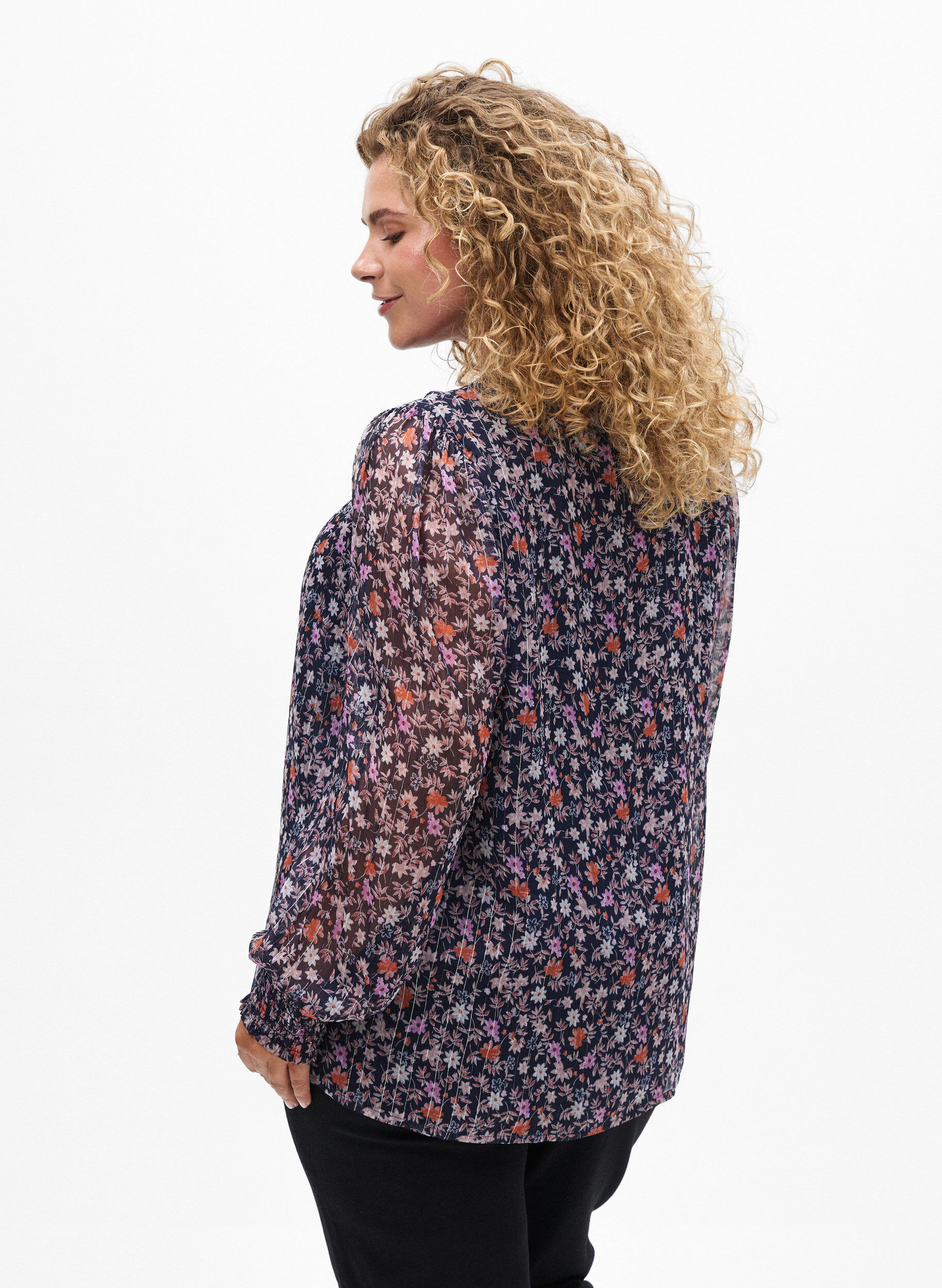 ZizzifashionBlouse with floral print and glitter thread, Blue, Model image number 2