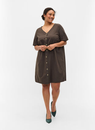 Short-sleeved cotton dress with buttons, Khaki Green, Model image number 2