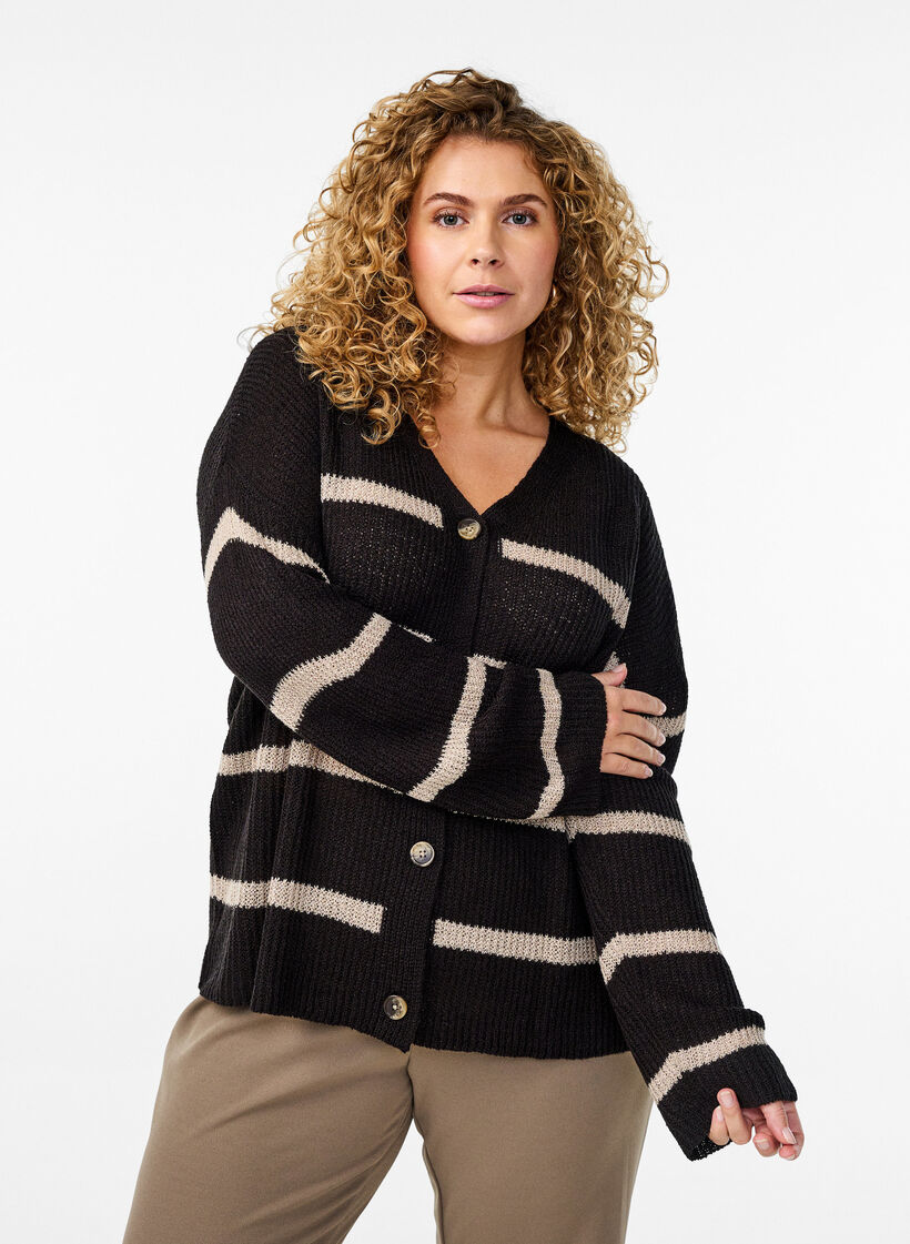 FLASH - Knitted cardigan with stripes and buttons, Black, Model image number 0