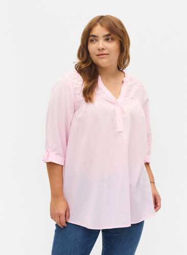 Cotton blouse with lace details, Pink-A-Boo, Model image number 0
