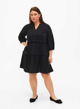 3/4 sleeve cotton dress with ruffles, Black, Model image number 2