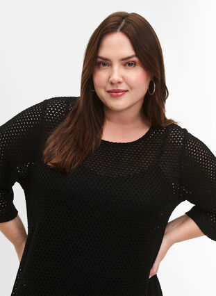 3/4 sleeve dress with knitted lace pattern, Black, Model image number 2