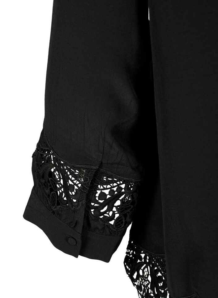 Viscose shirt with 3/4 sleeves and embroidery details, Black, Packshot image number 3