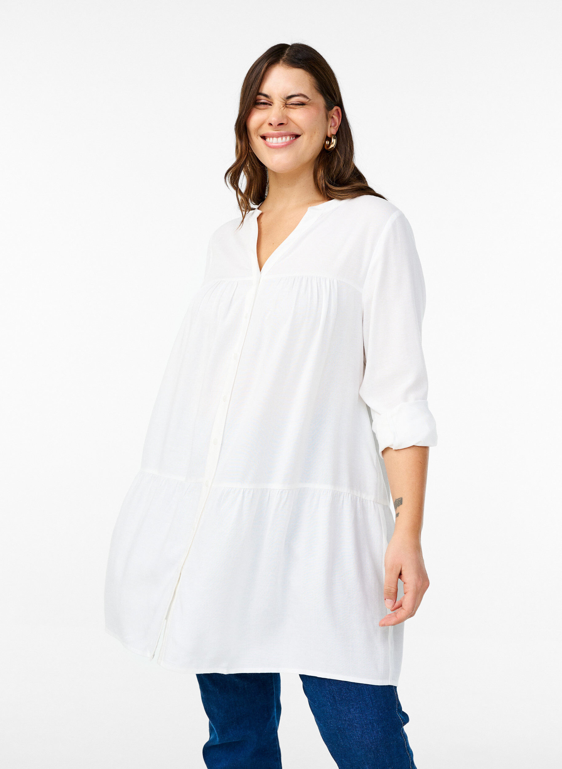 Zizzifashion Tunic with V-neckline and gathered details, White, Model image number 0