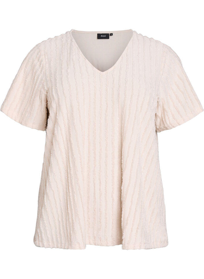 Blouse with short sleeves and striped texture, Beige, Packshot image number 0
