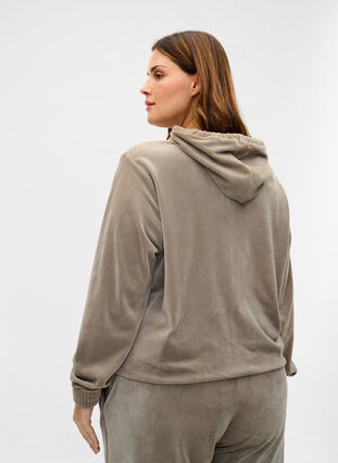 Velour cardigan with zip and hood, Taupe Gray, Model image number 1
