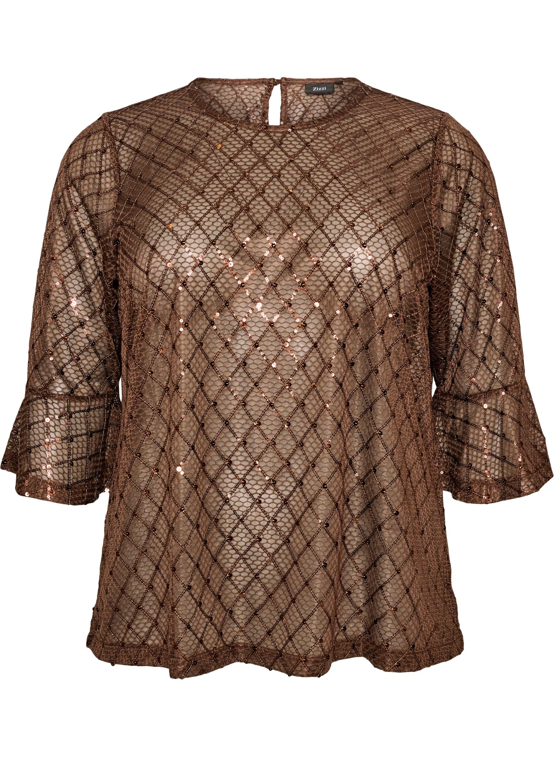 ZizzifashionSheer blouse with sequins and a diamond pattern, Brown, Packshot image number 0