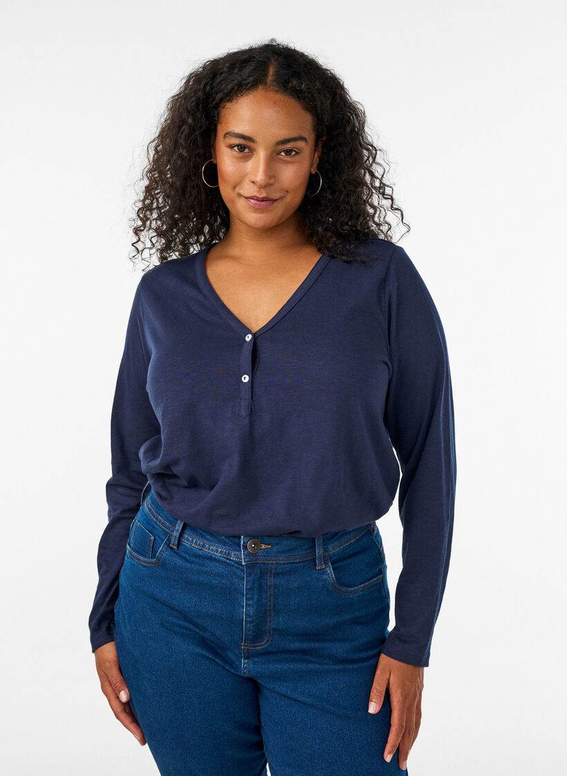 Long-sleeved t-shirt with V-neck and buttons, Blue, Model image number 0