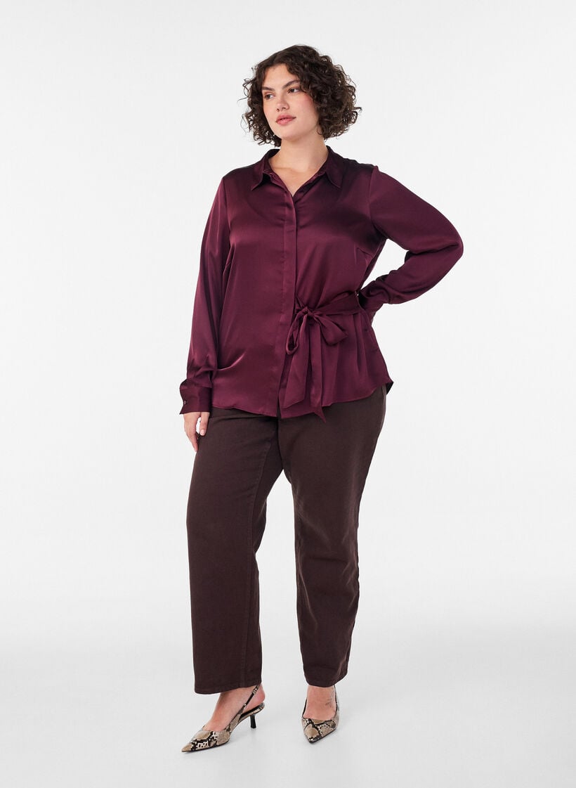 Shirt with a satin look and wrap effect, Red, Model image number 1