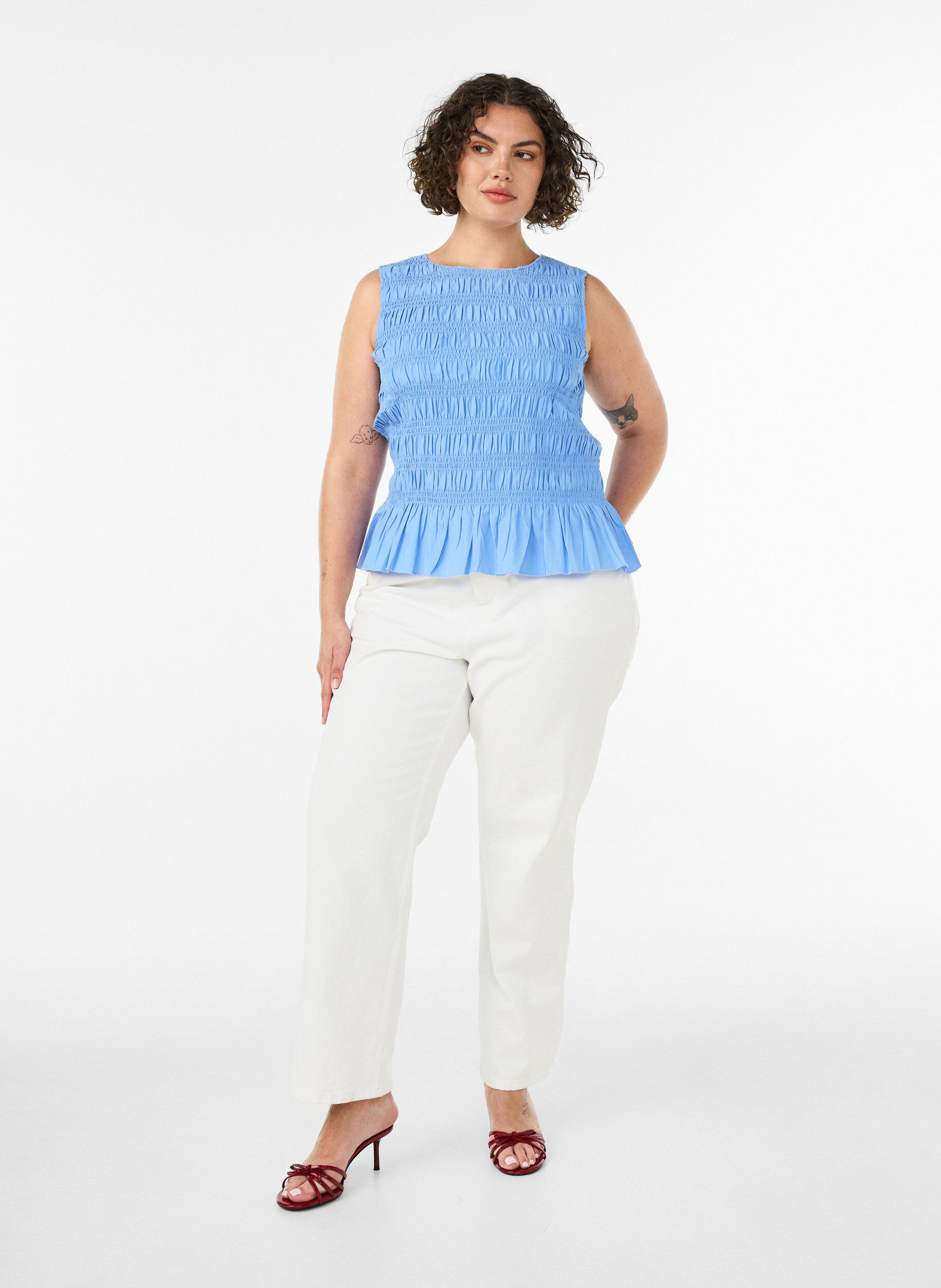 ZizzifashionSmock top with boat neck and peplum hem, Blue, Model image number 1