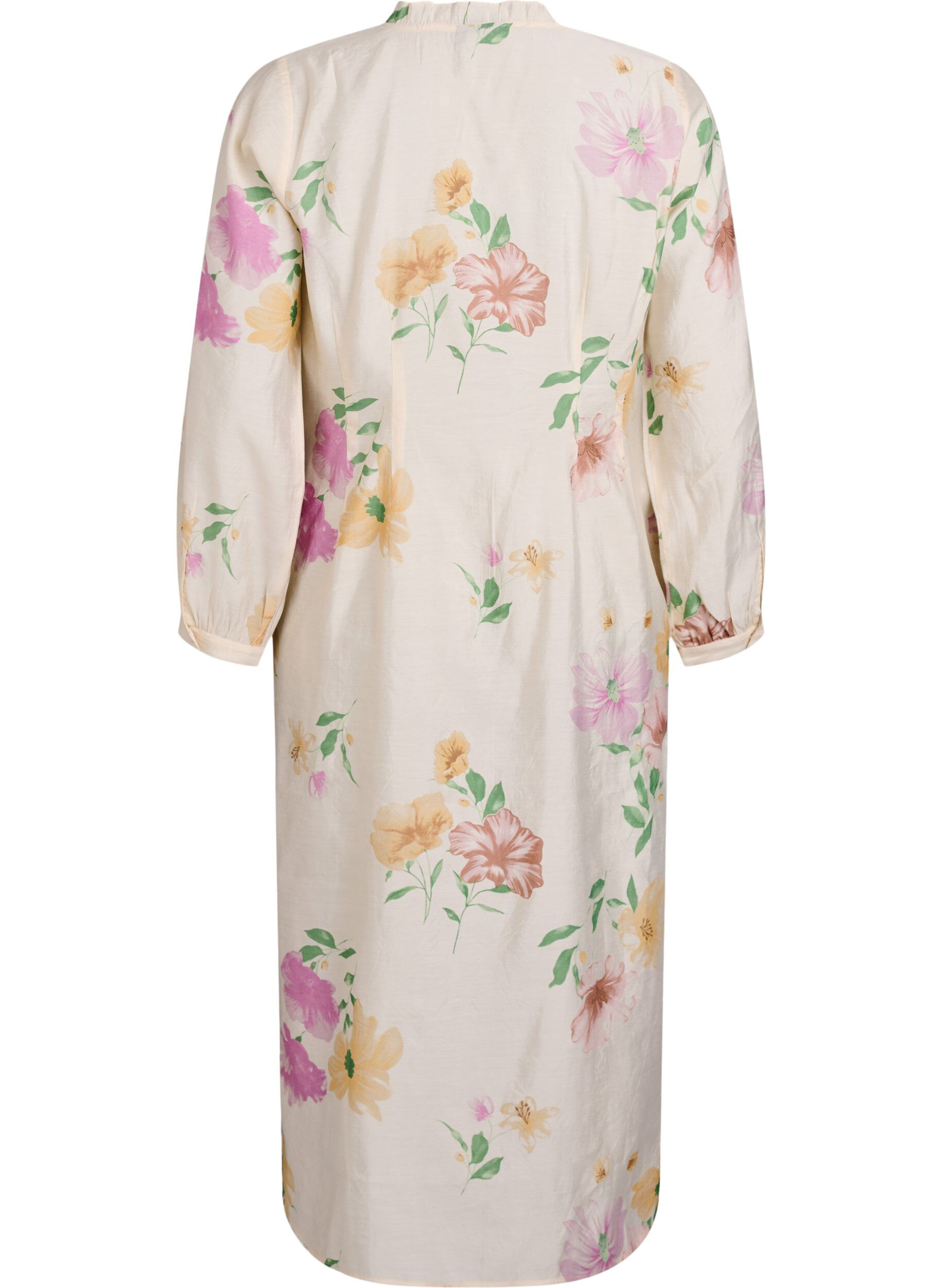 Zizzifashion Floral midi dress with ruffle collar and button fastening, Beige, Packshot image number 1