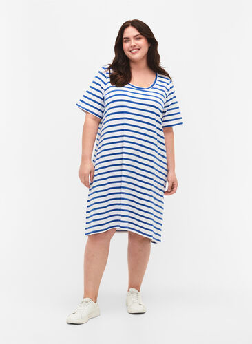Striped jersey dress with short sleeves, Blue Stripes, Model image number 2