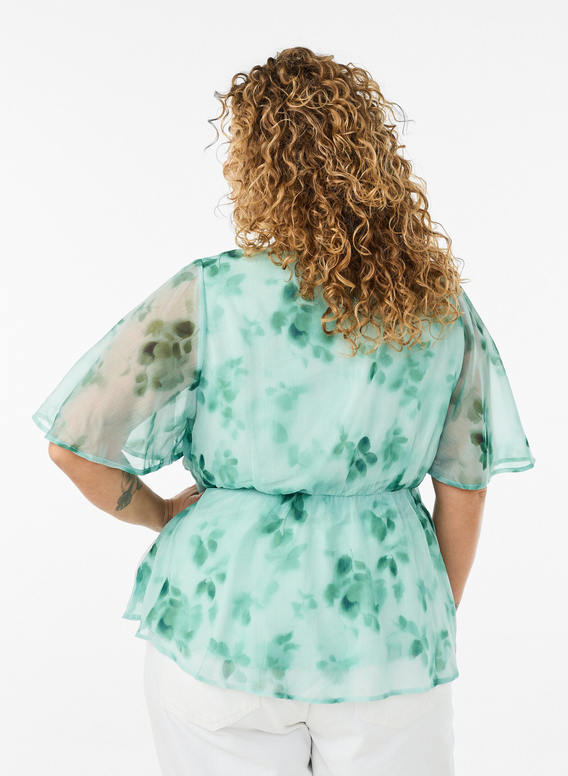 ZizzifashionFloral chiffon blouse with short sleeves, Green, Model image number 2