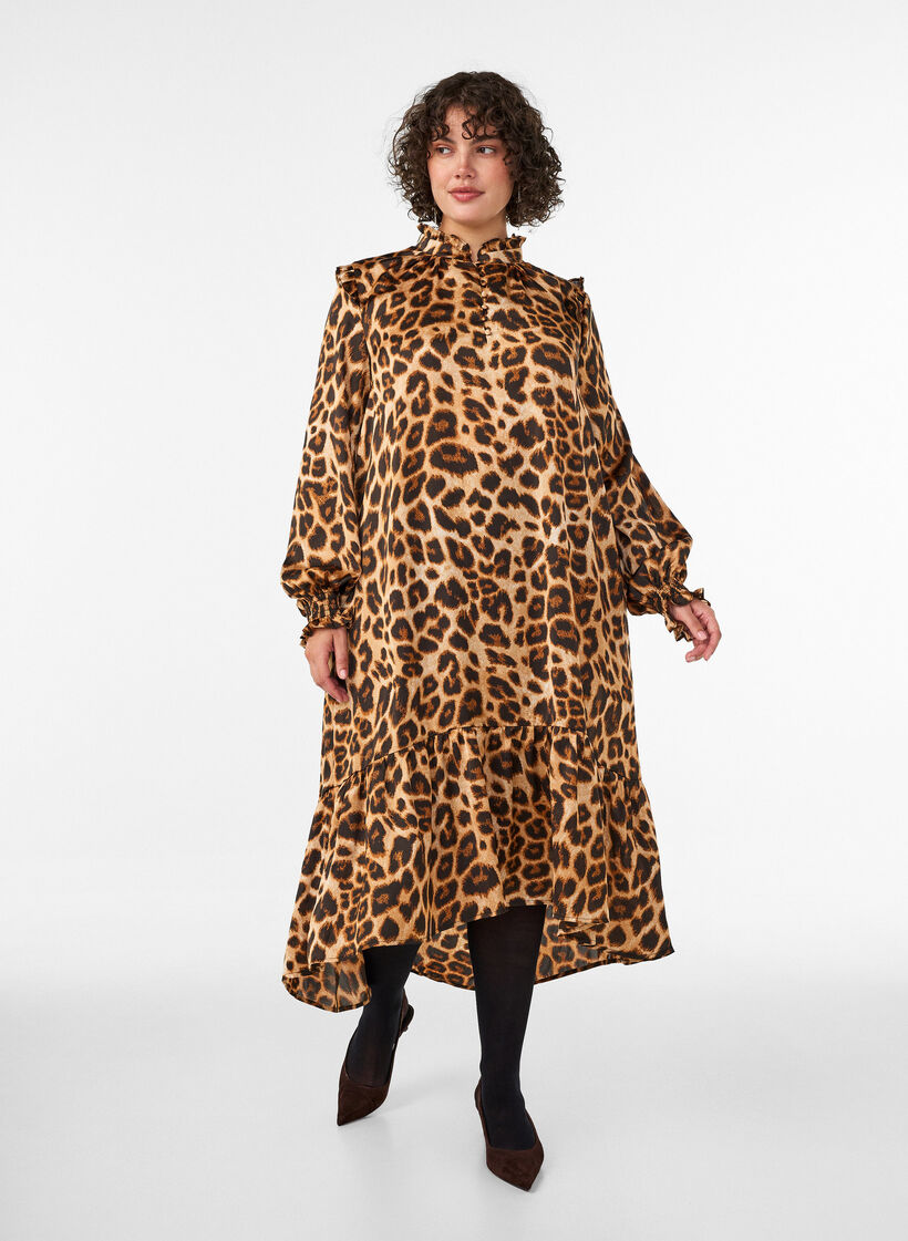 Dress with leopard print and ruffle details, Brown, Model image number 0