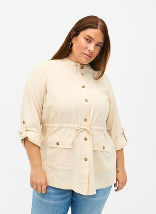 Linen blend shirt with pockets, Sandshell, Model image number 0
