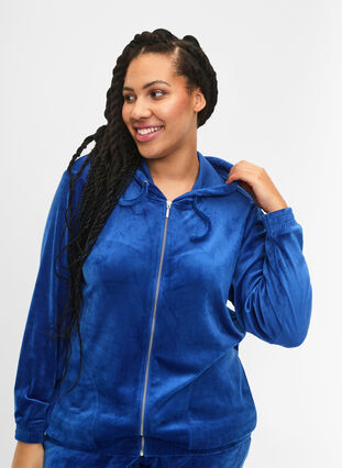 Velour cardigan with zipper and hood, Monaco Blue, Model image number 2