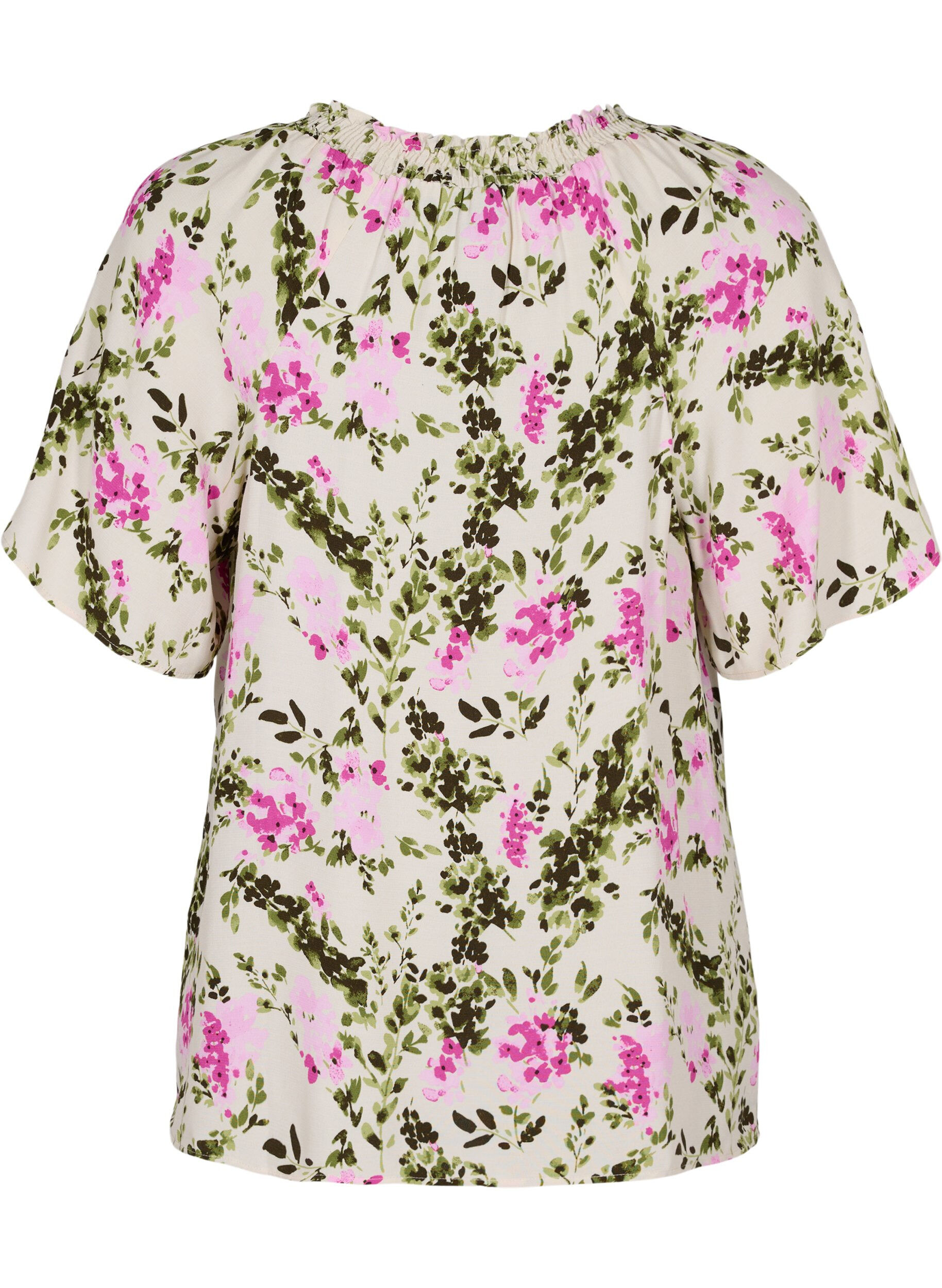 Zizzifashion Viscose blouse with short sleeves, Green Pink AOP, Packshot image number 1