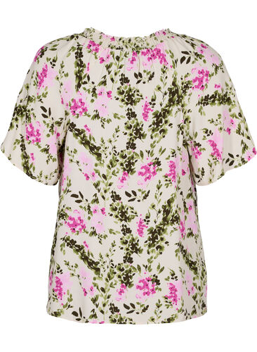 Viscose blouse with short sleeves, Green Pink AOP, Packshot image number 1