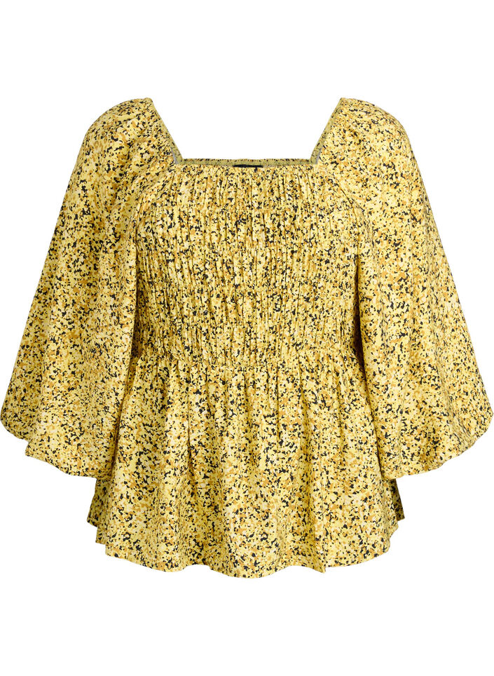 Blouse with smock and square neckline, Yellow, Packshot image number 0