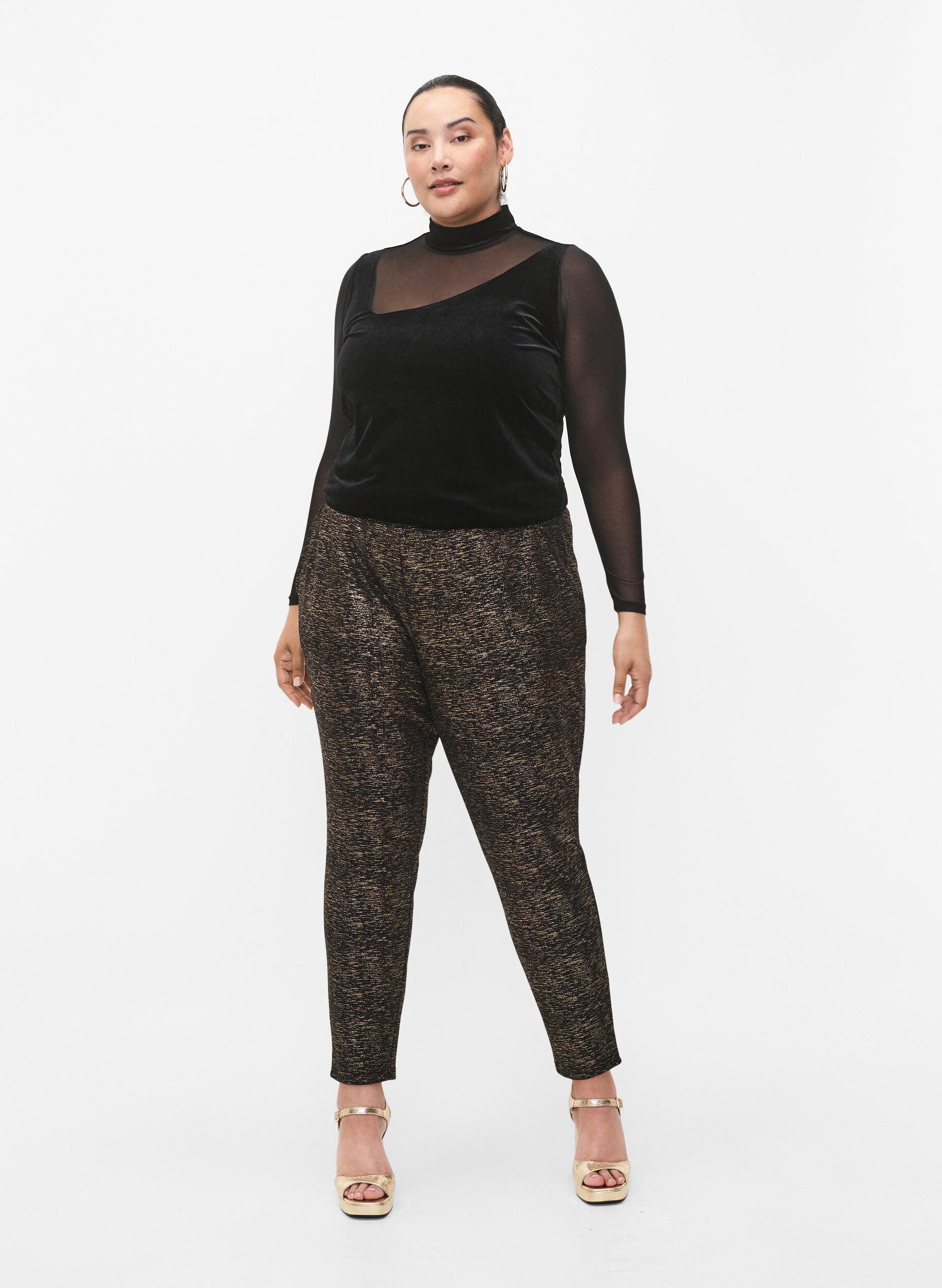 Zizzifashion Maddison pants with gold color and pockets, Black w. Gold, Model image number 0