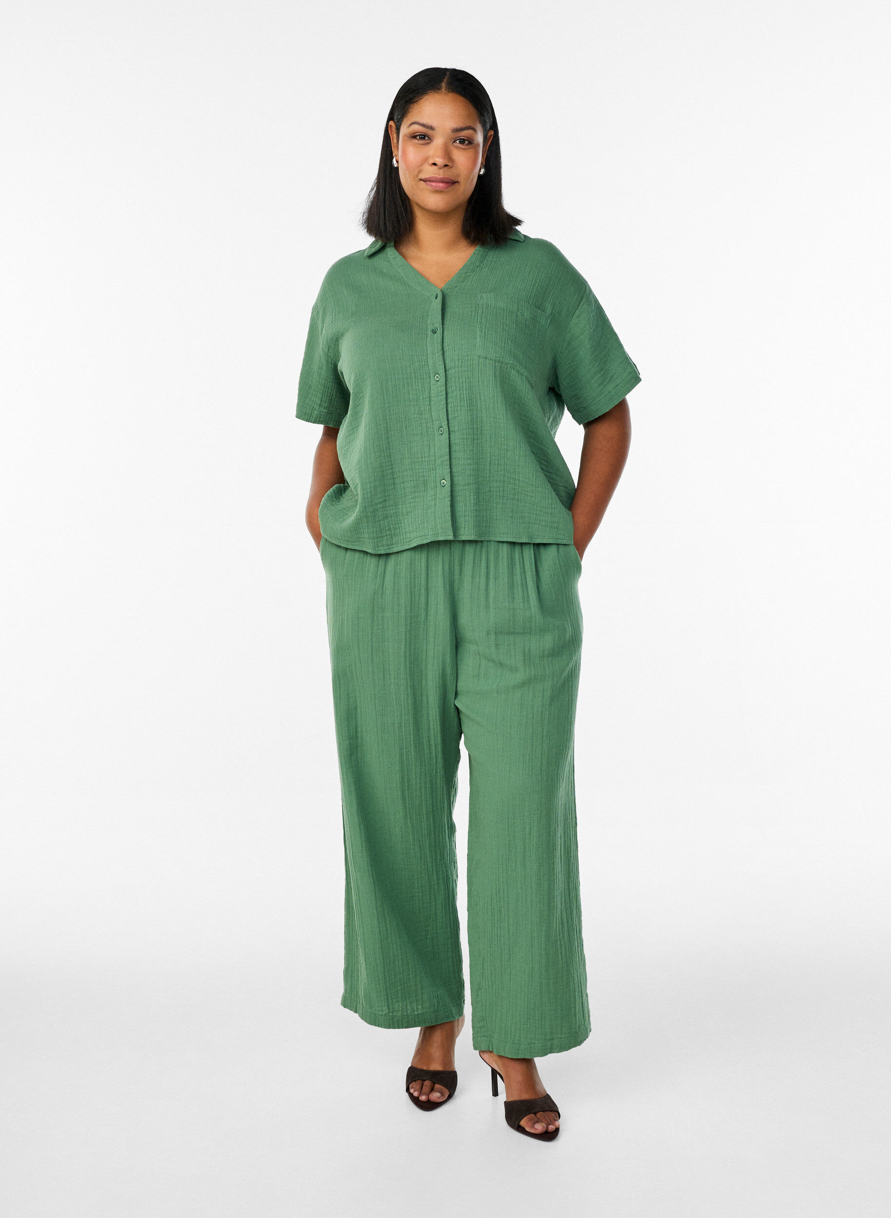 ZizzifashionCotton muslin blouse with short sleeves, Green, Model image number 1