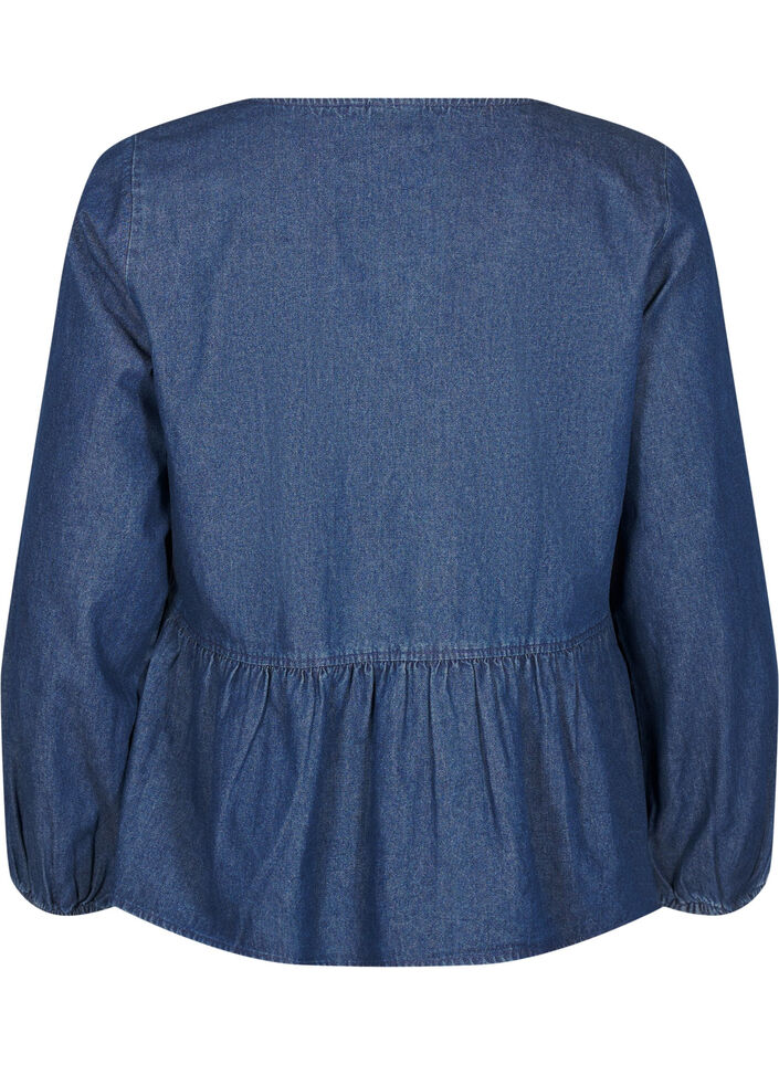 Peplum blouse in denim with a tie fastening, Blue, Packshot image number 1