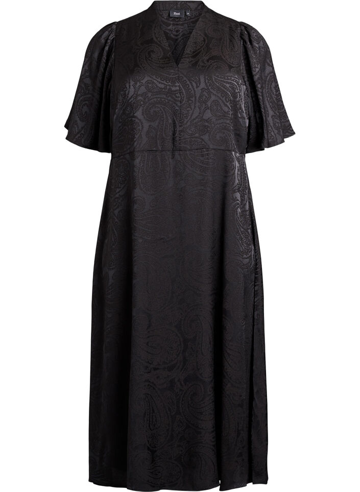 Midi jacquard dress with paisley pattern and wing sleeves, Black, Packshot image number 0