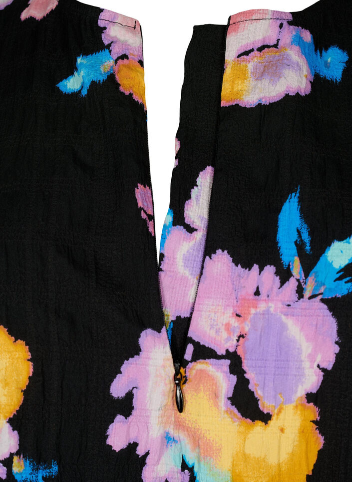 Floral blouse with round neck and zip, Black, Packshot image number 2