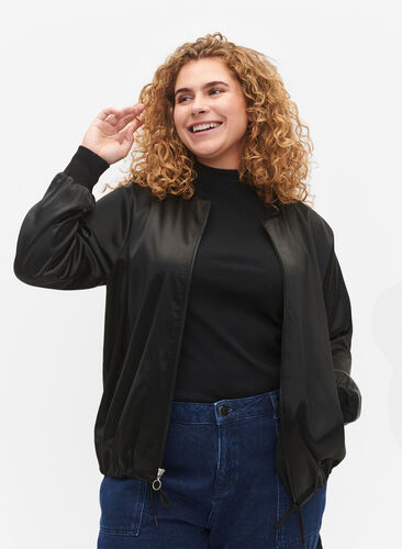 Bomber jacket with zipper and strings, Black, Model image number 0