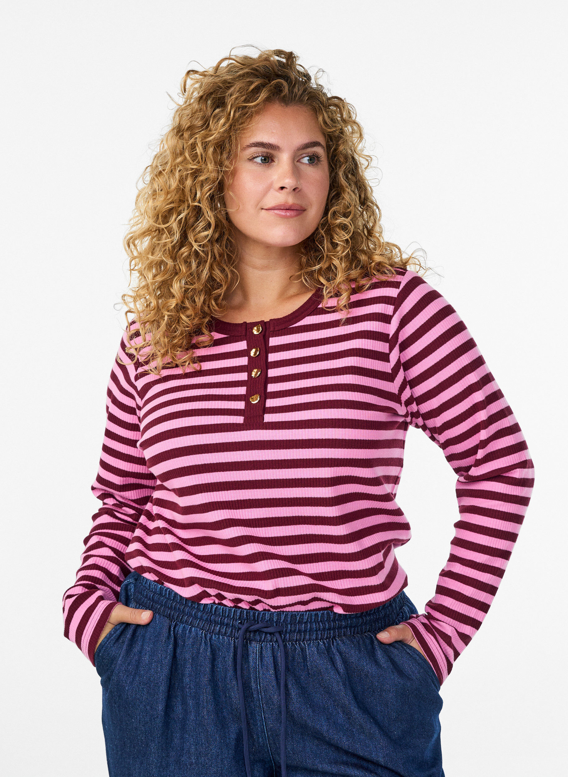 Zizzifashion Striped jersey blouse with a ribbed texture, Pink, Model image number 0