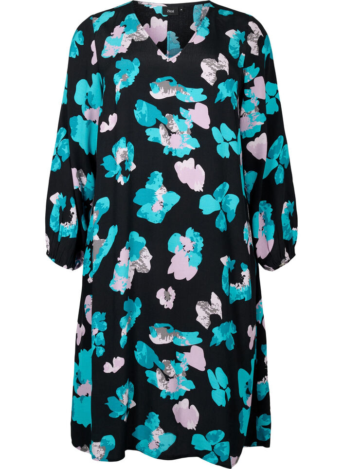 Long-sleeved viscose dress with print, Blue AOP, Packshot image number 0