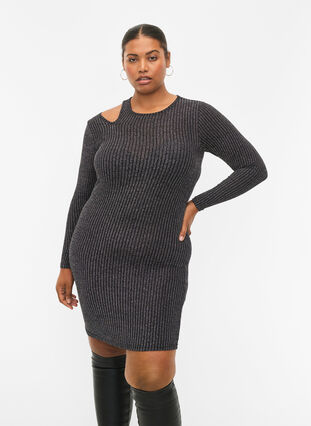 Long sleeve cut-out dress with glitter, B.w. Silver Stripes, Model image number 0