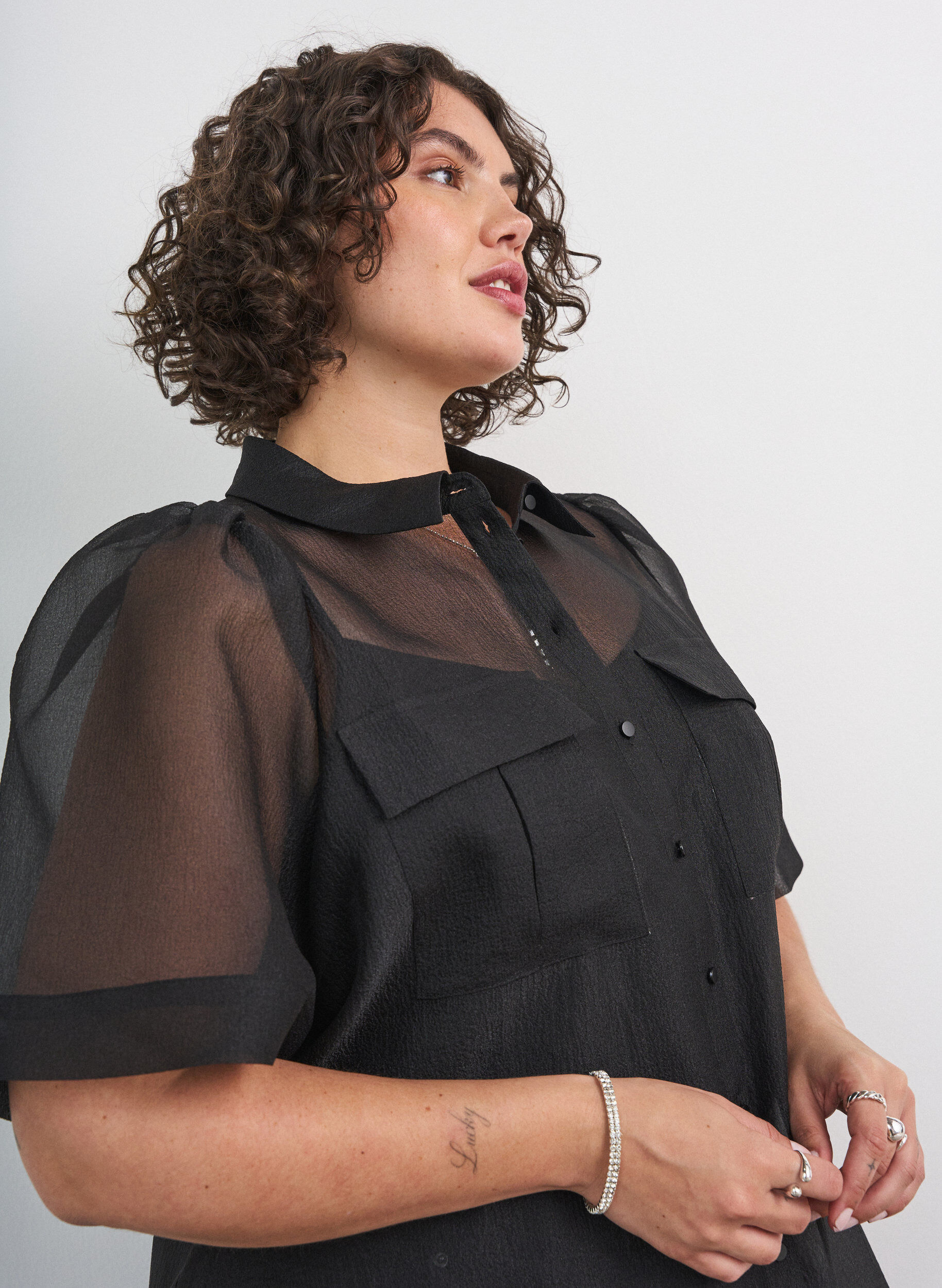 ZizzifashionOrganza dress with chest pockets and puff sleeves, Black, Model image number 3