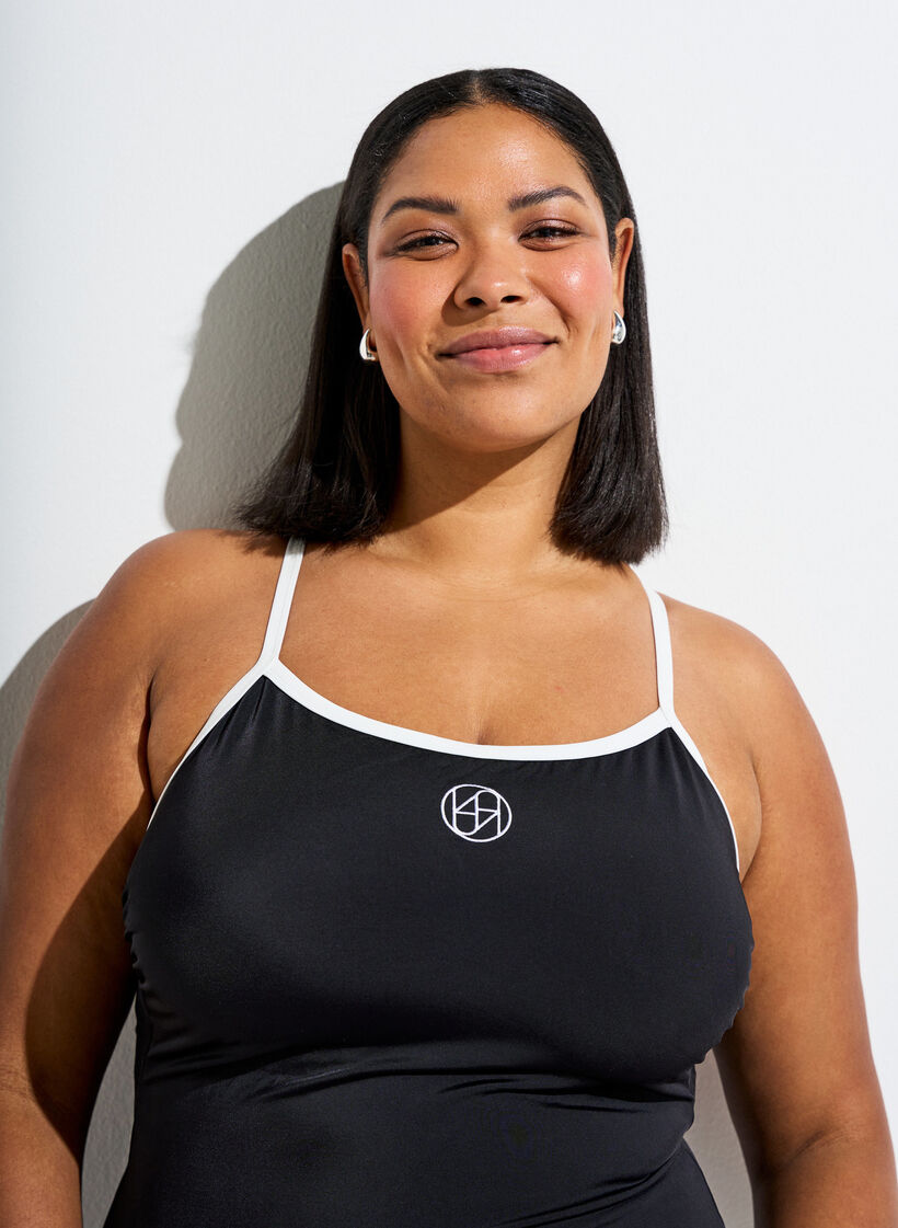 Sports swimsuit with contrast trim and criss-cross straps, Black, Model image number 2