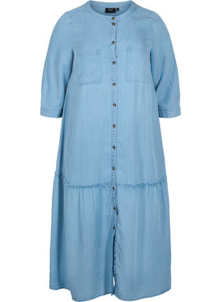 Midi dress with button fastening and 3/4 sleeves, Light blue denim, Packshot image number 0