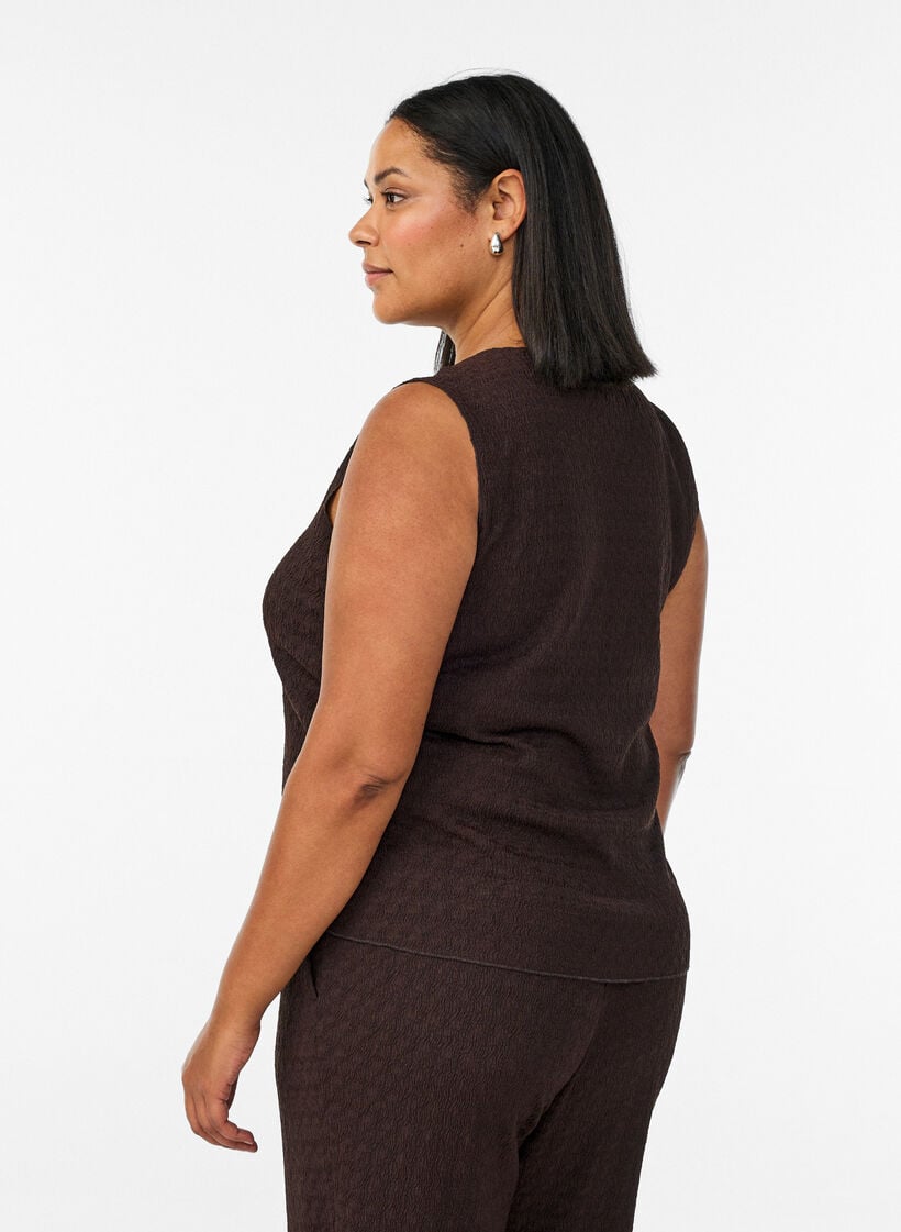 Sleeveless top with a wavy texture and button fastening, Brown, Model image number 2