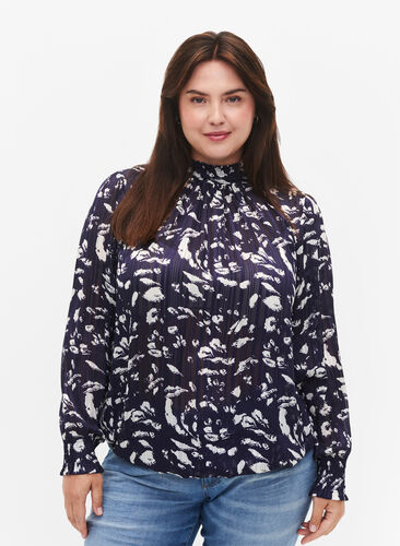 Printed blouse with smock, Blue Leaf AOP, Model image number 0