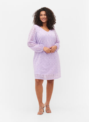 Lace dress with v neck and long sleeves, Pastel Lilac, Model image number 3