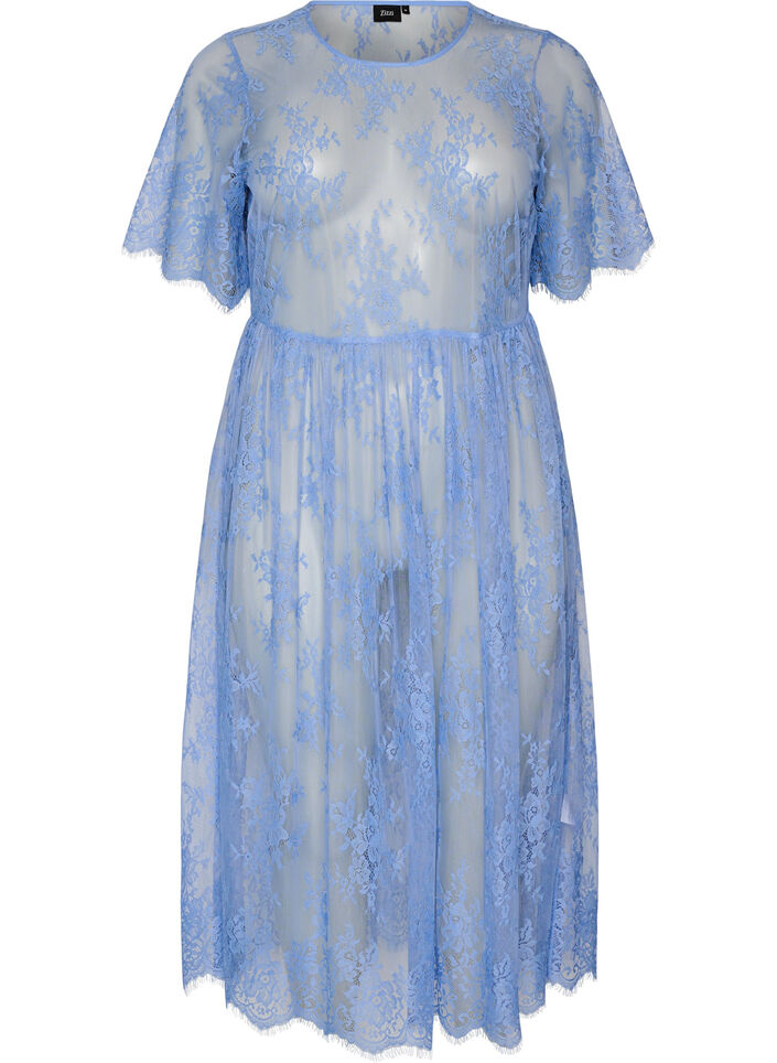 Sheer lace midi dress with short sleeves, Purple, Packshot